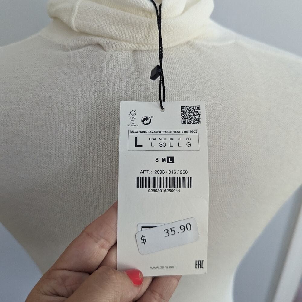 NEW Women's Zara Mesh Sheer Mockneck Cream Top Large - Picture 4 of 7